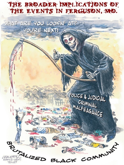 The Broader Implications Of The Events In Ferguson, Mo. Editorial cartoon by Gregory Crawford. © World News Trust 2014