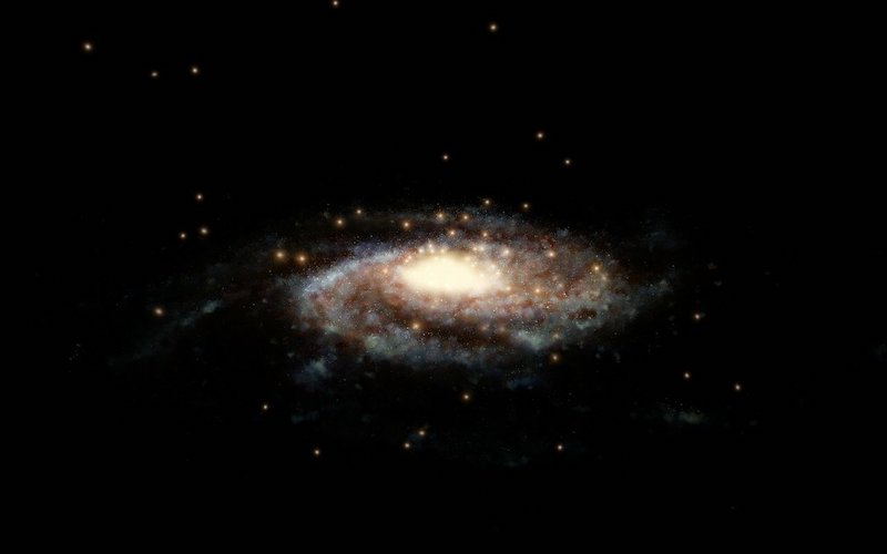 This artist's impression shows a computer generated model of the Milky Way and the accurate positions of the globular clusters used in this study surrounding it. Credit: ESA/Hubble, NASA, L. Calçada